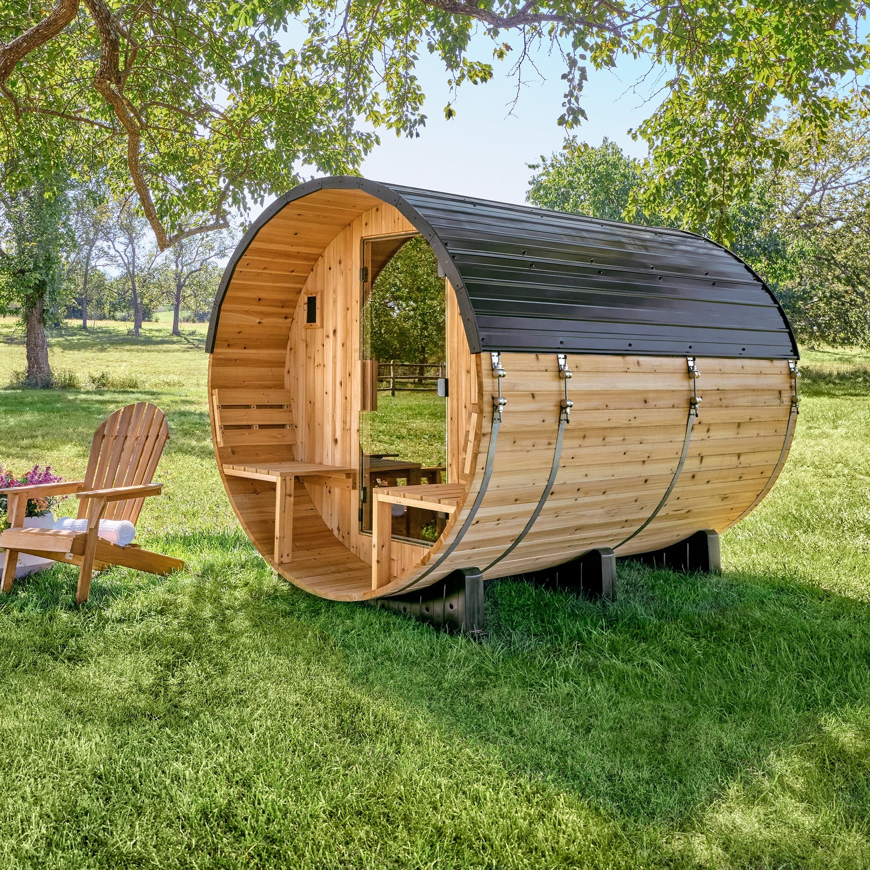 Sweat Kingdom handcrafted barrel sauna in Western Red Cedar