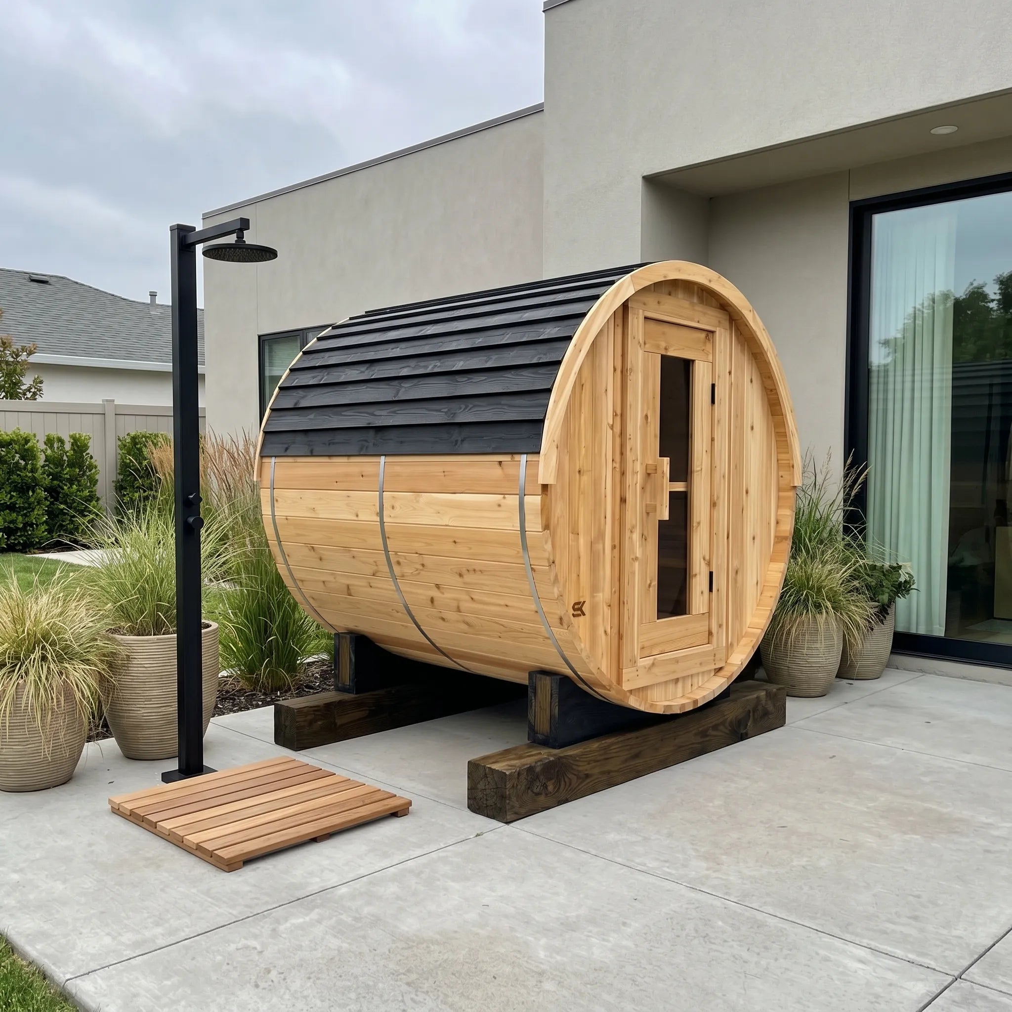 Sweat Kingdom barrel sauna handcrafted in Western Red Cedar
